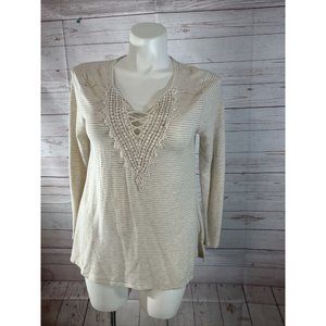 Wallpaper Womens Size M Light Beige Striped Knit Shirt Crochet Long Sleeve Top